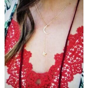 Lili Claspe Lariat Necklace Gold Plated Brass Rope the Moon & Star CZ Crystal
